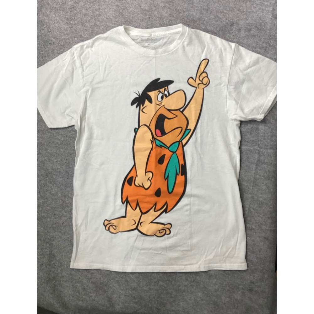 Hanna-Barbera Fred‎ Flintstone White Graphic T-Shirt Mens M  Retro Cartoon Tee